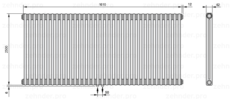 Схема (чертеж) Радиатор Zehnder Charleston 2250/35 №3470 Белый глянцевый RAL 9016